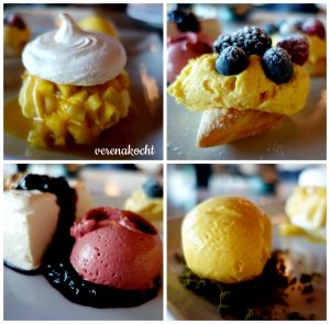 Detail Dessert Variation (08.12.2016) Khaki-Meringue, Khaki-Pudding-Dessert, Waldbeereneis & Cheesecake, Khaki-Eis